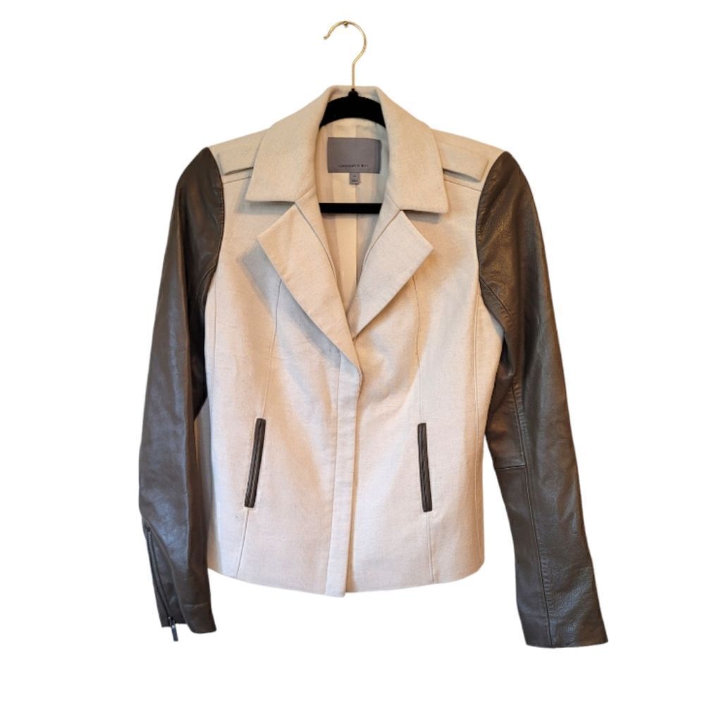 Classiques Entier Cream Wool and Leather Zip Up Moto Jacket